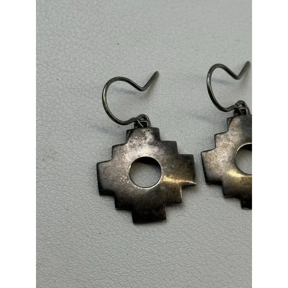 Vintage Sterling Silver Hook Pierced Earrings Chakana Cross Unmarked